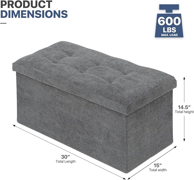 MoNiBloom 30 Inches Storage Ottoman Bench, Rectangle End of Bed Bench, Storage Padded Seat, Linen Fabric Ottoman Footrest for Living Room, Bedroom, Entryway, Dark Gray