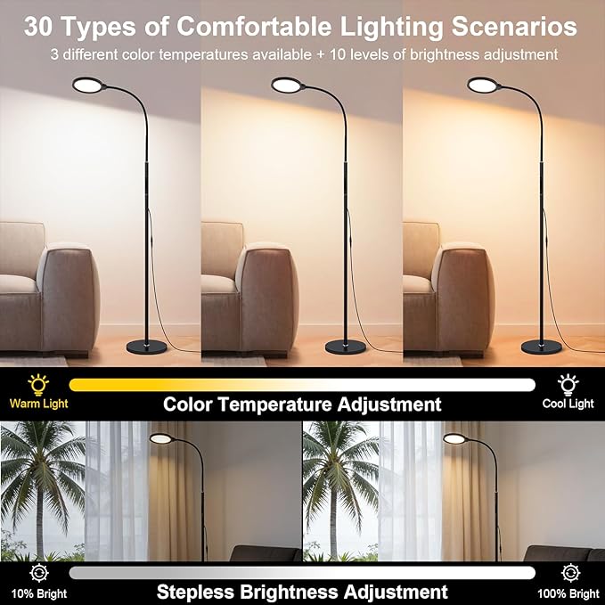 Bright LED Eye-Friendly Floor Lamp with Remote and Touch Dimmer & Adjustable Color Temperature, Smart Gooseneck Standing Light for Living Room,Kids Bedroom, Home Office Desk,Library Study Reading