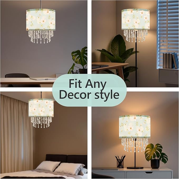 Spring Flower Lamp Shade with Acrylic Bead Droplets, Teal Wild Floral Fabric Light Shade for Pendant Table & Floor Lamps, Nature Decor for Garden Women, 11.8in
