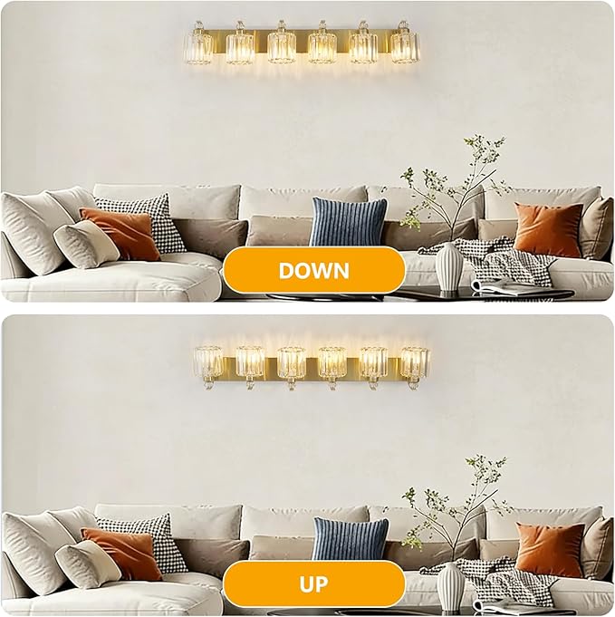 6-Lights Brushed Brass Bathroom Light Fixture Gold Vanity Lights Modern Crystal Bathroom Vanity Lighting Over Mirror Wall Sconce with K9 Crystal Shade E26 Base for Living Room, Bedroom Wall Lamp