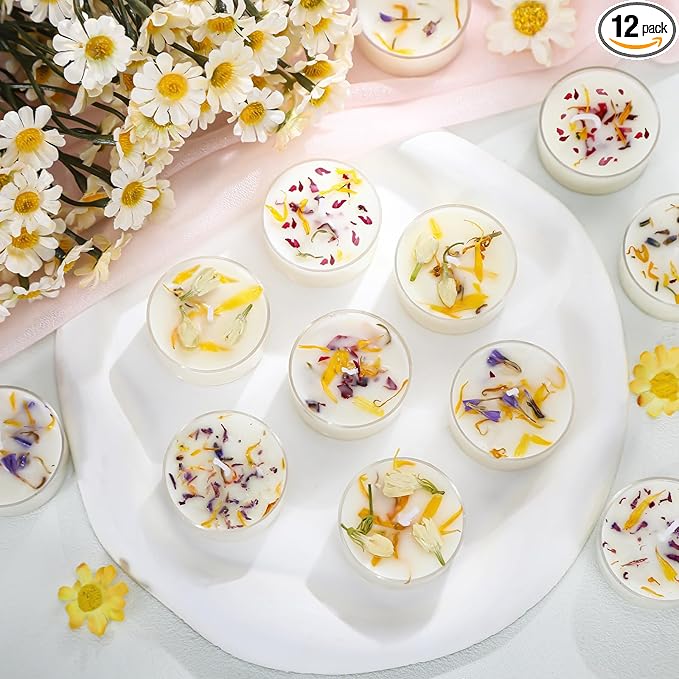 Honoson 12 Pcs Scented Tealights Dried Flower Candles Wedding Bridesmaid Gift 4 Floral Scents Jasmine Lavender Rose and Globe Purple 8-hour Smokeless Tealight Candles for Wedding Bridal Shower Spa