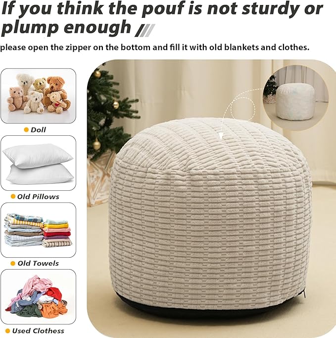 Round Stuffed Pouf Ottoman for Foot Rest, Storage Ottoman Pouf Foot Stool Cushion, Faux Fur Poufs with Foam Chunk Filling, 20 X 15 Inch Floor Chair for Living Room Bedroom Home Decor, Beige