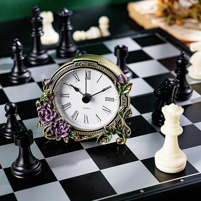 Mini Tabletop Clock, Decorative Vintage Floral Metal Table Clock with Battery Operated for Bedside, Table, Living Room, Home and Office