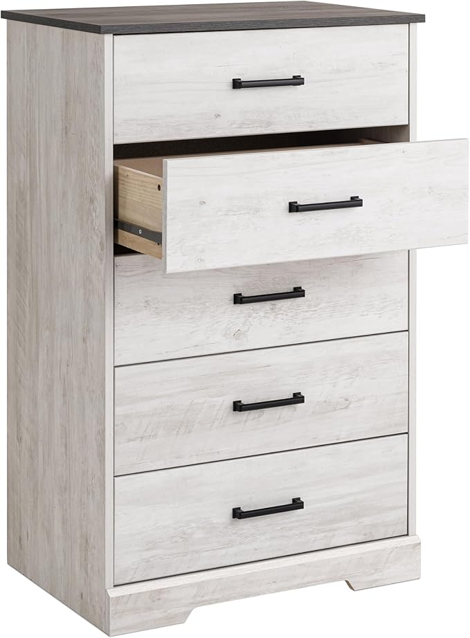 Prepac Rustic Ridge Farmhouse Dresser, Washed White Dresser for Bedroom, Chest of Drawers with 5 Drawers 18.5" D x 27.5" W x 43.5" H, ABDR-1605-1