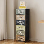 Tohomeor Vintage Dresser Vertical Nightstand with Neutral Botanical Plant Fabric Chest Drawers for Closet Bathroom Storage Tower Unit Bed Side Organizer Farmhouse Rustic (Multi, 6 Drawers)