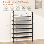 6 Tier Shoe Rack for Closet Shoe Organizer with 5 Hooks, Long Shoe Shelf Storage for Shoe and Boot Stackable Free Standing Shoe Rack for Entryway, Garage, Small Spaces, Dorm, Black