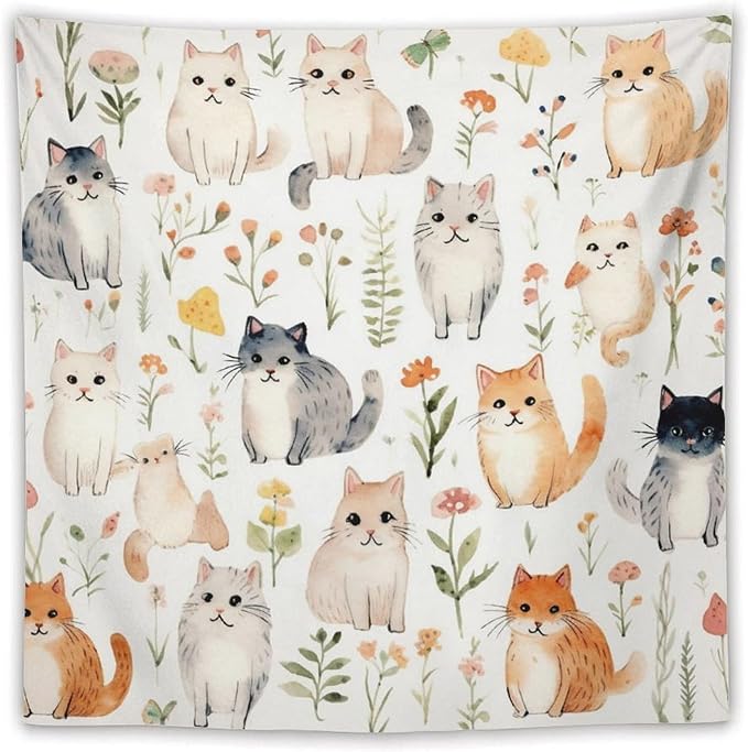 VUMIVI Cute Cat Tapestry Cartoon Pets Flowers Mushrooms Butterflies Watercolor Illustrations Tapestry Wall Hanging for Living Room Bedroom Dorm Classroom Aesthetic Decor W60xL60in