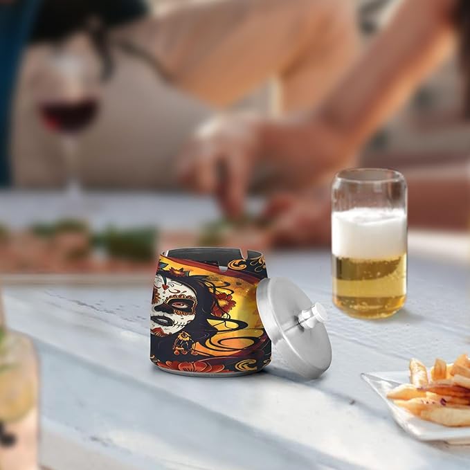 Girl Day Of The Dead Ashtray with Lid, Outdoor Ashtrays for Patio, Stainless Steel Ashtray Odorless Smokeless for Home Office Balcony