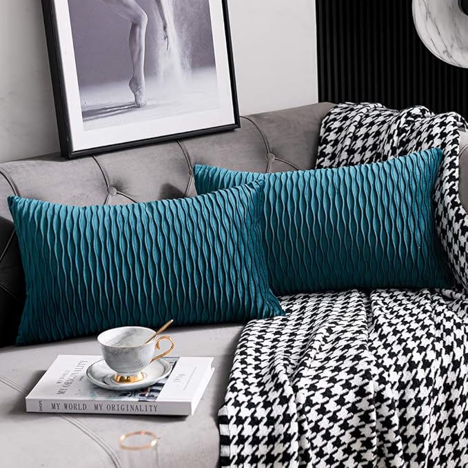 12x20 Teal Throw Pillow Cases: 2 Pack Original Striped Velvet Rectangular Decorative Pillow Covers for Farmhouse Couch