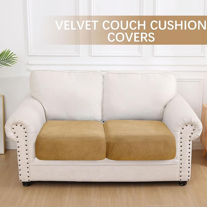 hyha Velvet Couch Cushion Covers, Soft Sofa Seat Covers for sectional 2 Cushion Couch Washable, Magic Sofa Slipcover with Elastic Bottom, Non-Slip Furniture Protector for Pets, Kid(2PC, Camel)