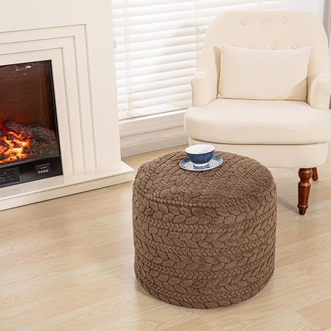 Unstuffed Ottoman Pouf Cover – Round Faux Fur Footstool Plush Floor Pouf (No Filler Included) Perfect for Living Room, Bedroom, or Office Lounge (Coffee, 20x20x15 in)