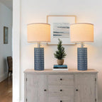 20.5" Modern Ceramic Table Lamps for Bedroom Set of 2, Bedside Lamps for Night Stands with Beige Lampshade, Farmhouse Table Lamp for Living Room Office Dorm, Blue