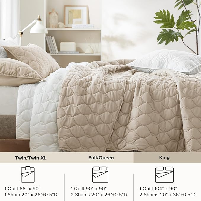 Comfort Spaces King Quilt Set Modern Reversible Ogee Coverlet King Bedding Set Cozy Quilted Winter Layer, All Season Lightweight Soft King Size Quilt, Kienna, Cal King Beige 3 Piece