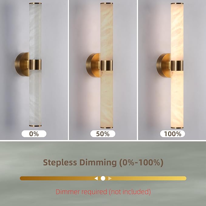 23.8in Gold Alabaster Wall Sconces Set of 2, Modern Brass Bathroom Sconce Light, Spanish Marble Wall Lamp, Hardwired LED Wall Lighting for Bedroom Living Room Staircase Hallway Dining Room