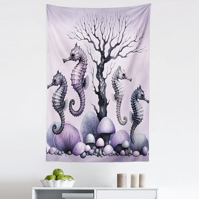Ambesonne Purple Tapestry, Dried Tree with Mushrooms in Lilac Color Palette and Huge Seahorse Prints, Fabric Wall Hanging Decor for Bedroom Living Room Dorm, 30" X 45", Mauve and Lavender