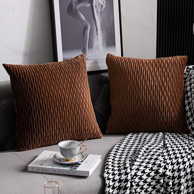 Light Brown Throw Pillow Cases: 2 Pack 20x20 Inch Original Stripe Velvet Square Decorative Pillow Covers for Farmhouse Couch