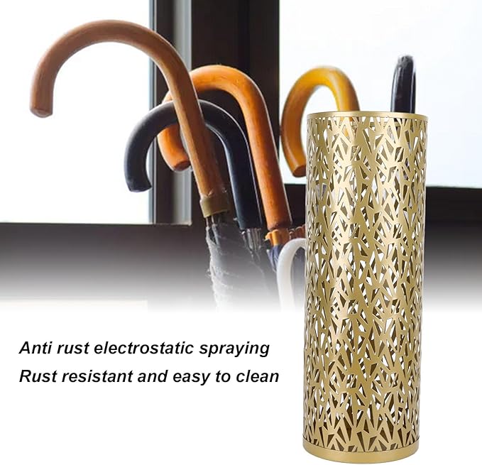 Umbrella Stand Umbrella Holder for Entryway,Umbrella Stand Rack,Metal Hollowed Freestanding Round Umbrella Holder Organizer Bin,Umbrella Rack Organizer Freestanding for Home Hotel Office(Small-Gold)