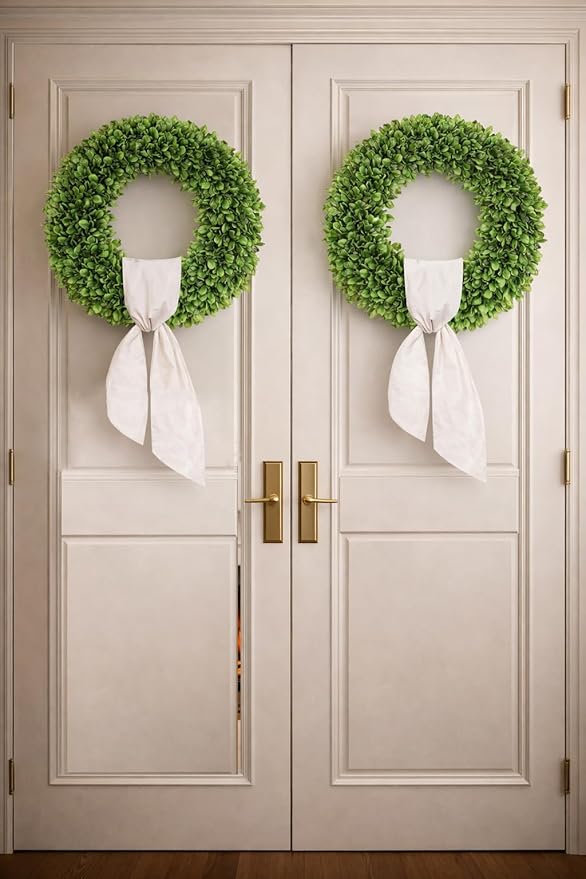 20 inch Artificial Boxwood Wreath for Front Door, Greenery Spring Summer Wreath for All Seasons with Sash，St Patrick's Day Decoration, Farmhouse, Garden, Wedding, Indoor & Outdoor