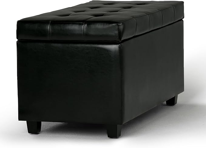 SIMPLIHOME Cosmopolitan Storage Ottoman - 34 inch Wide Upholstered Vegan Leather Rectangle Storage Ottoman Bench in Midnight Black, Transitional Tufted Ottoman for Living Room with Lift-Up Lid