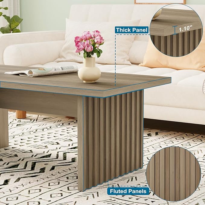 BON AUGURE Fluted Coffee Table, Wood Living Room Tables, Rectangle Coffee Tables for Living Room, Center Table for Home, Office (Greige Oak, 43Inch)