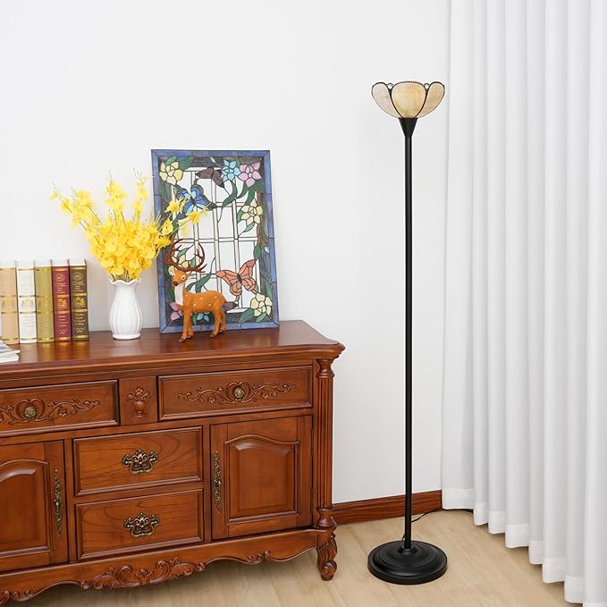 Tiffany Floor Lamp Yellow Stained Glass Tochiere Lamp Vintage 61 inches Tall Pole Standing Lamp with Foot Switch Tiffany Style Corner Light for Home Office