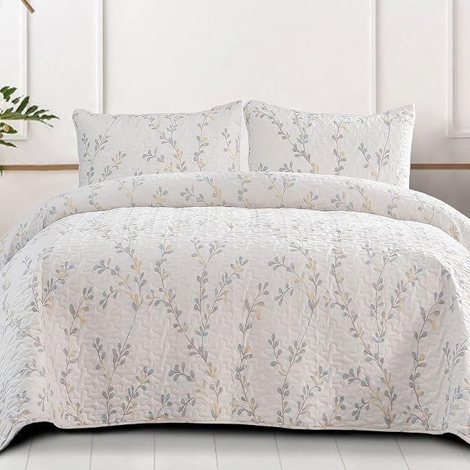 Exclusivo Mezcla Reversible Boho Quilts Queen Size, White Bedspreads Lightweight Coverlet All Season Flowers Quilt Bedding Set with Printed Floral Pattern (1 Quilt, 2 Pillow Shams)