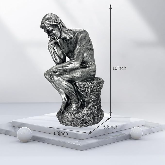 Thinker Statue Decor Office Desktop Bookcase Sculpture Accent Large DéCor Famous Rodin'S Thinker Art Collection Resin Figurine Desk Gifts for Men Modern Home Decorate (Silver)