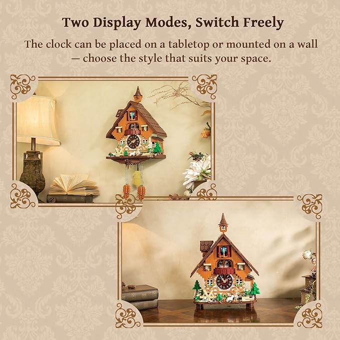 PANTASY Cuckoo Clock Building Block Set-Vintage Chalet Design, Real Working Mechanical Wall Clock Model with Motorized Cuckoo, Rotating Stage, and Waterwheel-Perfect for Adult Builders and Home Décor