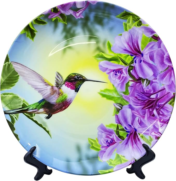 ALALAL Small Bird Hummingbird Pink&Purple Flowers Decorative Plate Decorative Ceramic Plates Home Wobble-Plate with Display Stand Decoration Household Plates Decorative - 10 inch