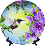 ALALAL Small Bird Hummingbird Pink&Purple Flowers Decorative Plate Decorative Ceramic Plates Home Wobble-Plate with Display Stand Decoration Household Plates Decorative - 10 inch