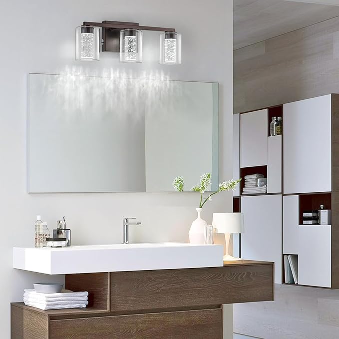 SineRise 3-Light Bronze Vanity Light with 3 Color Modes (3000K/4000K/6000K), Eye Protection LED Bathroom Light Fixture, Dimmable Modern Wall Light Over Mirror with Clear Glass Shade