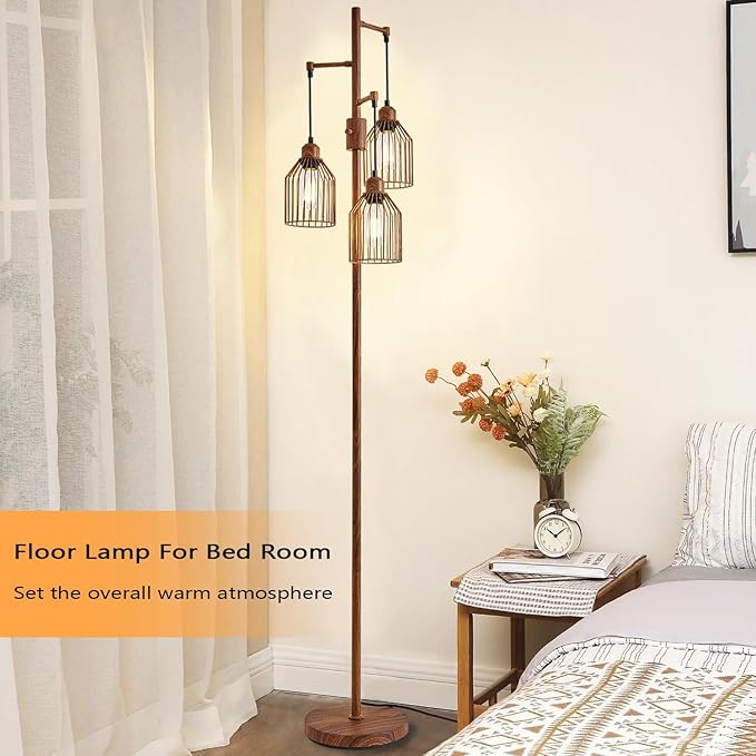 Dimmable Floor Lamp for Living Room, Farmhouse Floor Lamps with Elegant Hanging Cage, 3 x LED Edison Bulbs Included, 68.5" Industrial Standing Light for Bedroom Office Home Decor (Wood)
