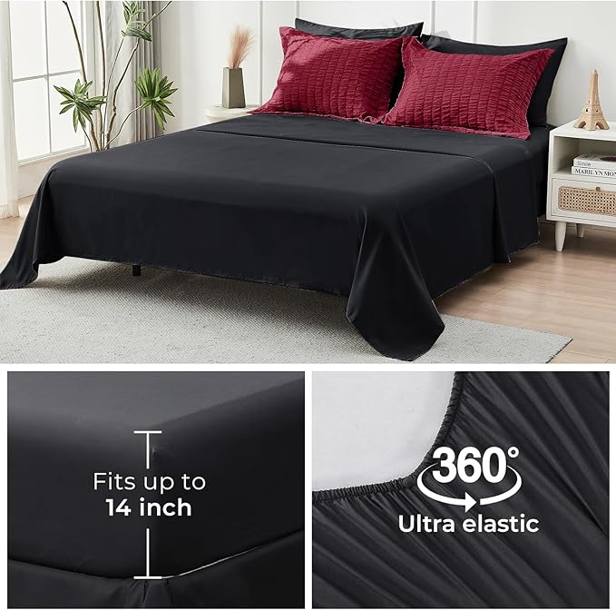 HYMOKEGE Red & Black Queen Comforter Set Seersucker 7 Pieces, All Season Luxury Bed in a Bag for Bedroom, Bedding Set with Comforters, Sheets, Pillowcases & Shams