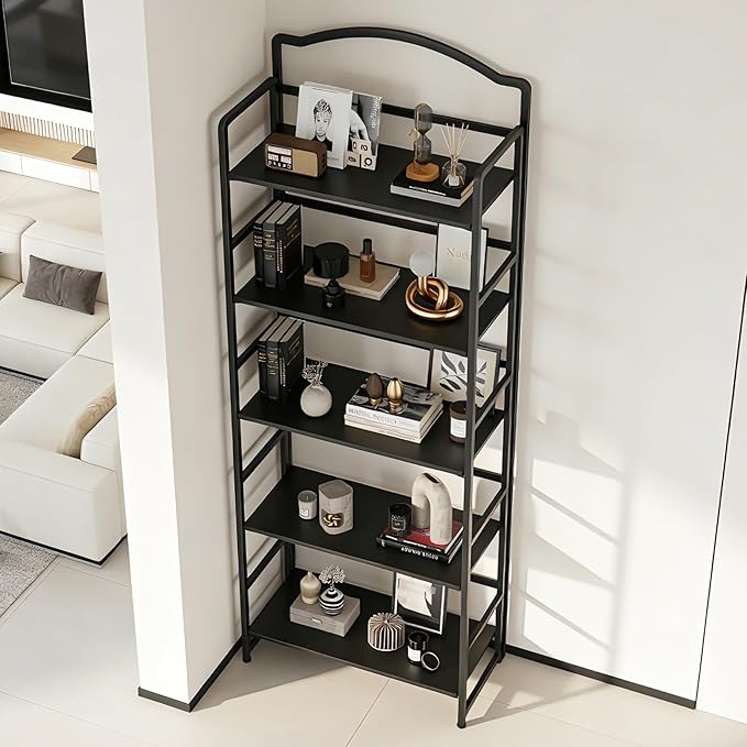 JSB No Assembly Folding Bookshelf, 5 Tier Book Shelf for Storage, Vintage Wood Foldable Bookcase for Living Room, Bedroom, Office Organization Shelves