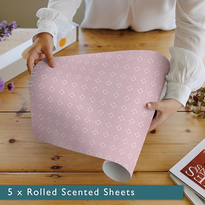 The Master Herbalist Fragrant Scented Drawer Liners in a Geometric Print (Folded) | Natural | Pack of 5 Sheets | Contains Essential Oils | Made in The UK (Helebore Pink | Neroli & Bergamot, Folded)