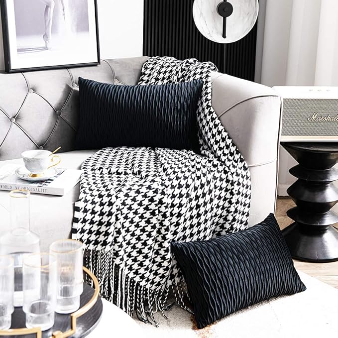 Black Striped Decorative Pillow Covers: 2 Pack 12x20 Inch Original Velvet Rectangular Throw Pillow Cases for Farmhouse Couch