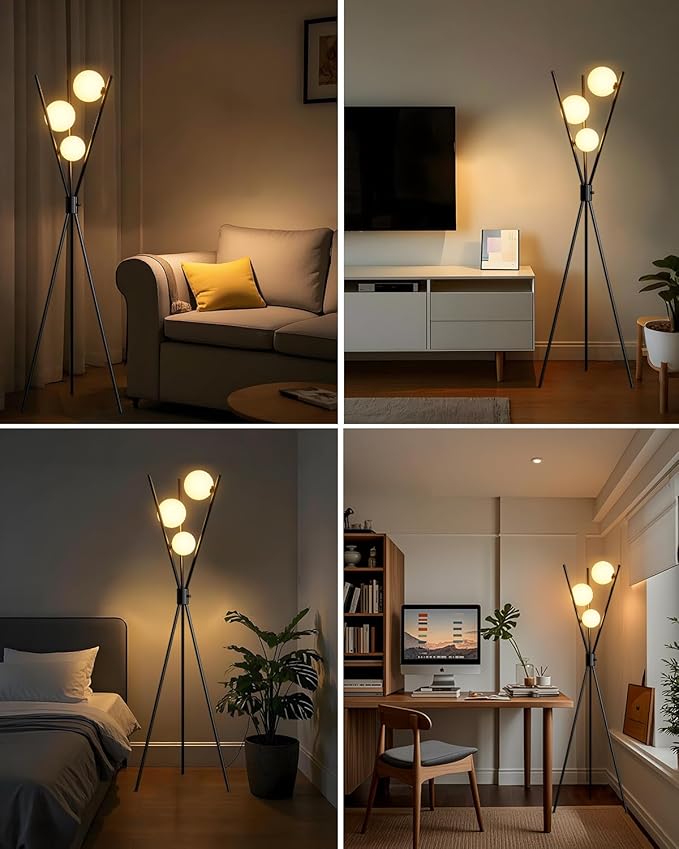 Lightdot 60IN Dimmable Black Tripod Floor Lamp Mid Century Standing Lamps with 3Pcs 3000K Bulbs Included Globe Eye Care&Stable Base Modern Tall Lamp for Living Room/Bedroom/Sofa Beside/Corner Decor