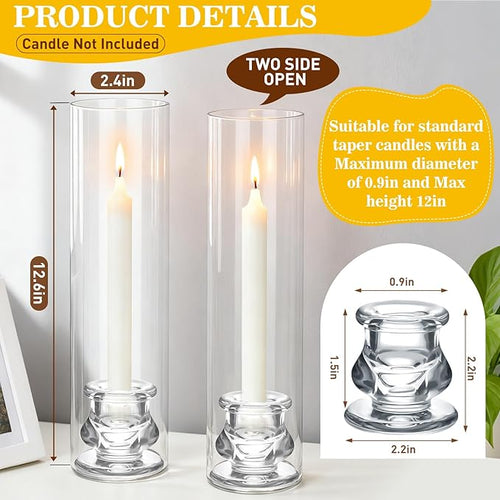 12 Set Hurricane Glass Candlestick Holders 12.6" Two Side Open Glass Candle Holders and 2.2" Taper Candlesticks Holder Bulk for Table Centerpiece Wedding Christmas Home Decor