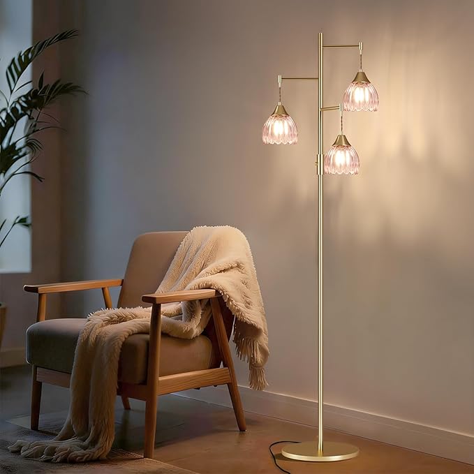 Dimmable Floor Lamp for Living Room, Bedroom, Gold Standing Lamp with 3pcs 6W Bulbs, Vintage Brass Floor Lamps for Corner, Nursery (Pink Tulip)