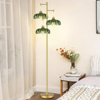 Glass Floor Lamp for Living Room,Bedroom,Mid Century Modern Standing Lamp Brass Tree 3 Light Tall Floor Lamps Vintage Retro Floor Lights Gold Green Flower Lamp Shade Farmhouse Boho Bohemian