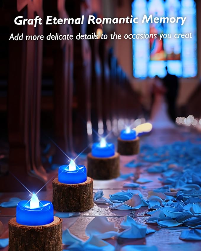 Flameless Candles, 12 Pack Tea Lights Candle Battery Operated, LED Tealight Votives, Realistic Tea Lights for Halloween Christmas Party Decor -D 1.5” x H 1.25” -Blue Light