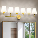 Kvhilw Bathroom Vanity Light, Brushed Gold Bathroom Light Fixtures, 6-Light Lighting Fixtures Over Miror, Modern Wall Sconce with Flared White Fabric Shade, E26 Socket(ETL Listed)