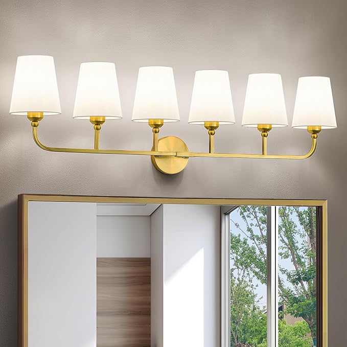 Kvhilw Bathroom Vanity Light, Brushed Gold Bathroom Light Fixtures, 6-Light Lighting Fixtures Over Miror, Modern Wall Sconce with Flared White Fabric Shade, E26 Socket(ETL Listed)