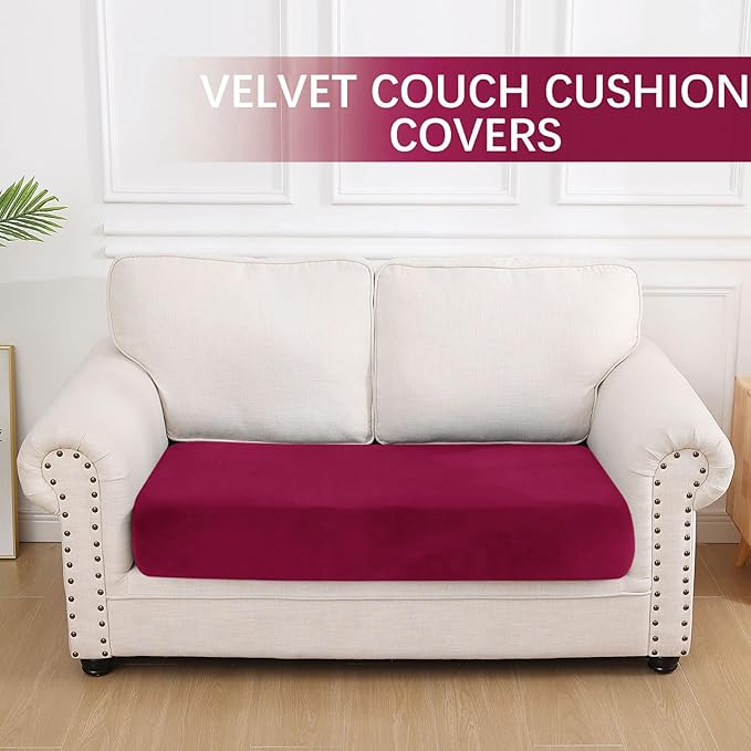 hyha Velvet Couch Cushion Covers, Soft Sofa Seat Covers for sectional 2 Cushion Couch Washable, Magic Sofa Slipcover with Elastic Bottom, Non-Slip Furniture Protector for Pets, Kid(Medium, Wine Red)