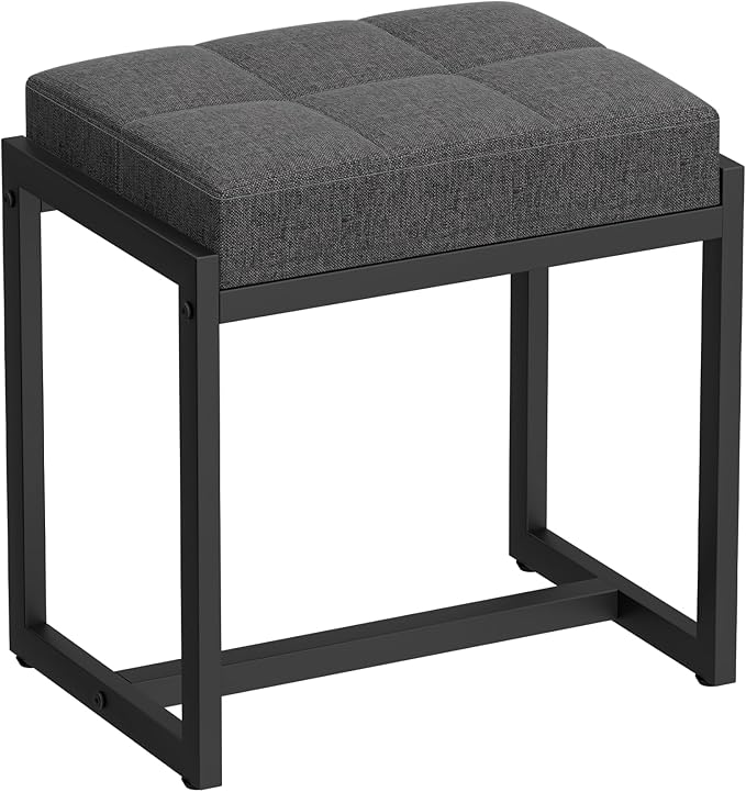 Vanity Stool, Vanity Chair Stools for Makeup Room, Square Linen Makeup Stool for Vanity, Modern Padded Small Ottomans Foot Rest for Bedroom Living Room, Dark Grey&Black
