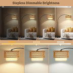 Arc Floor Lamp for Living Room, Rattan Boho Floor Lamp with Remote Control, Black Standing Lamp with 3 Color Temperatures & Dimmable LED Bulb, Tall Lamp for Bedroom, Over Couch Arched Reading Light