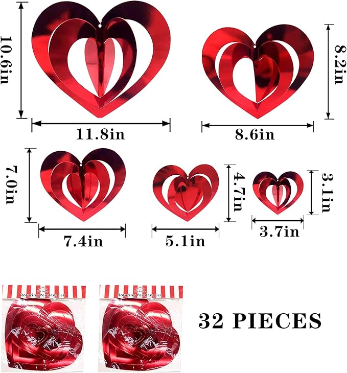 Deloky 32 Pcs Valentine's Day Heart Hanging Foil Decorations, Swirl Red Hearts Ornaments, 3D Heart Garland Ornaments for Valentine's Day Wedding Anniversary Tree Party Decoration