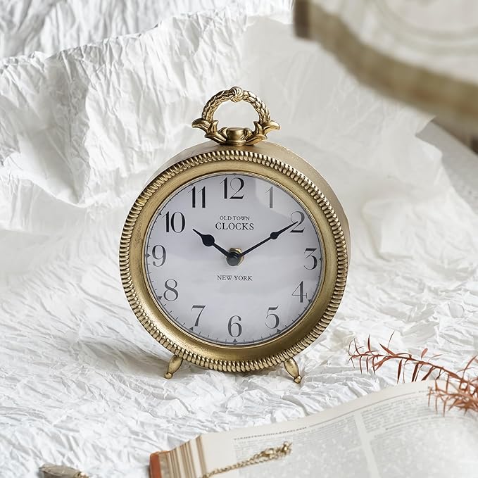 NIKKY HOME Table Clock, Vintage Desk Clock, Gold Table Clocks Non-Ticking Battery Operated Decorative Shelf Clock for Living Room Bedroom Gift Clocks