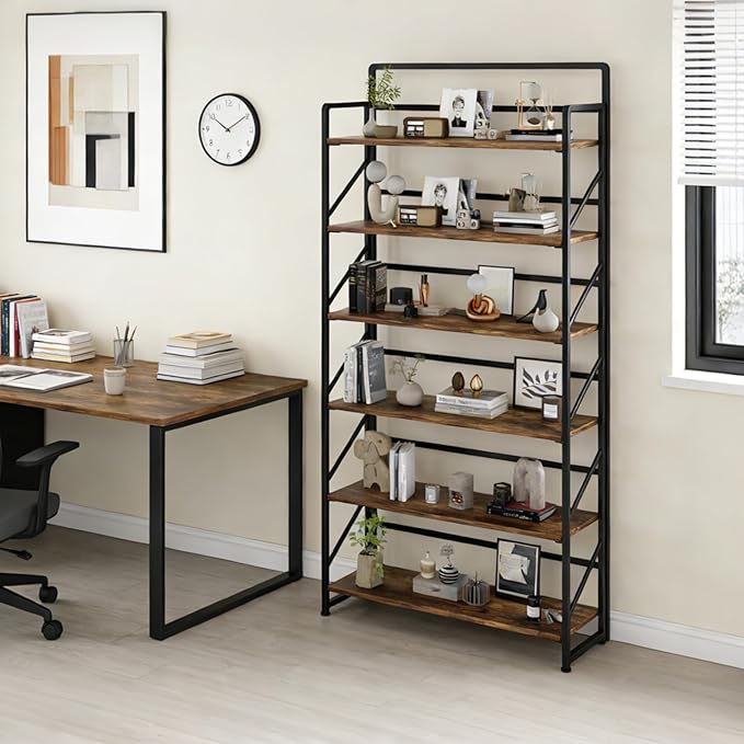 JSB Folding Bookshelf,Industrial Storage Shelves, No Assembly Vintage Wood Look Bookshelf with Storage Shelves for Living Room, Bedroom, Office (Fire Brown, Wide 6-Tier)