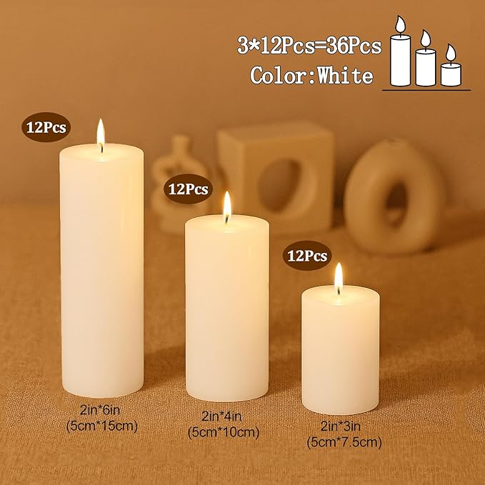 36 Pack White Pillar Candles Bulk Set, 2x3 2x4 2x6 Inch - 12 Each Size, Dripless Smokeless Clean Burning for Wedding Centerpieces, Home Decor, Church, Romantic Ambiance！
